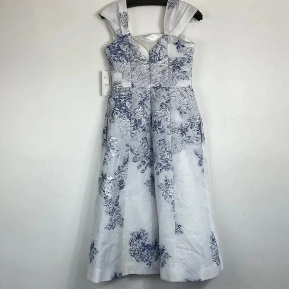 Teri Jon Dress Fit & Flare White Blue Floral Jacquard Cocktail 229240 Wedding - Picture 9 of 16